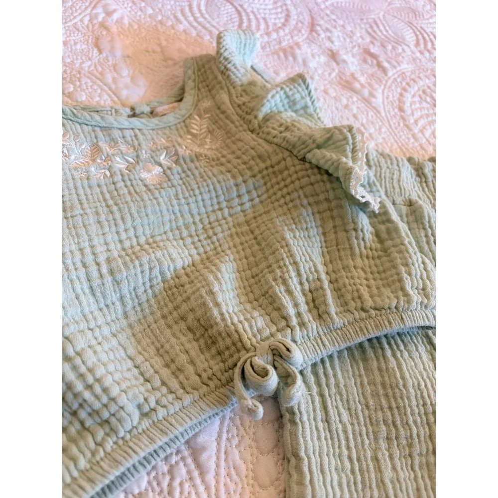 Little Girls Matching Waffle Knit Pant Set, Rachel Zoe, Green White, Size 4T